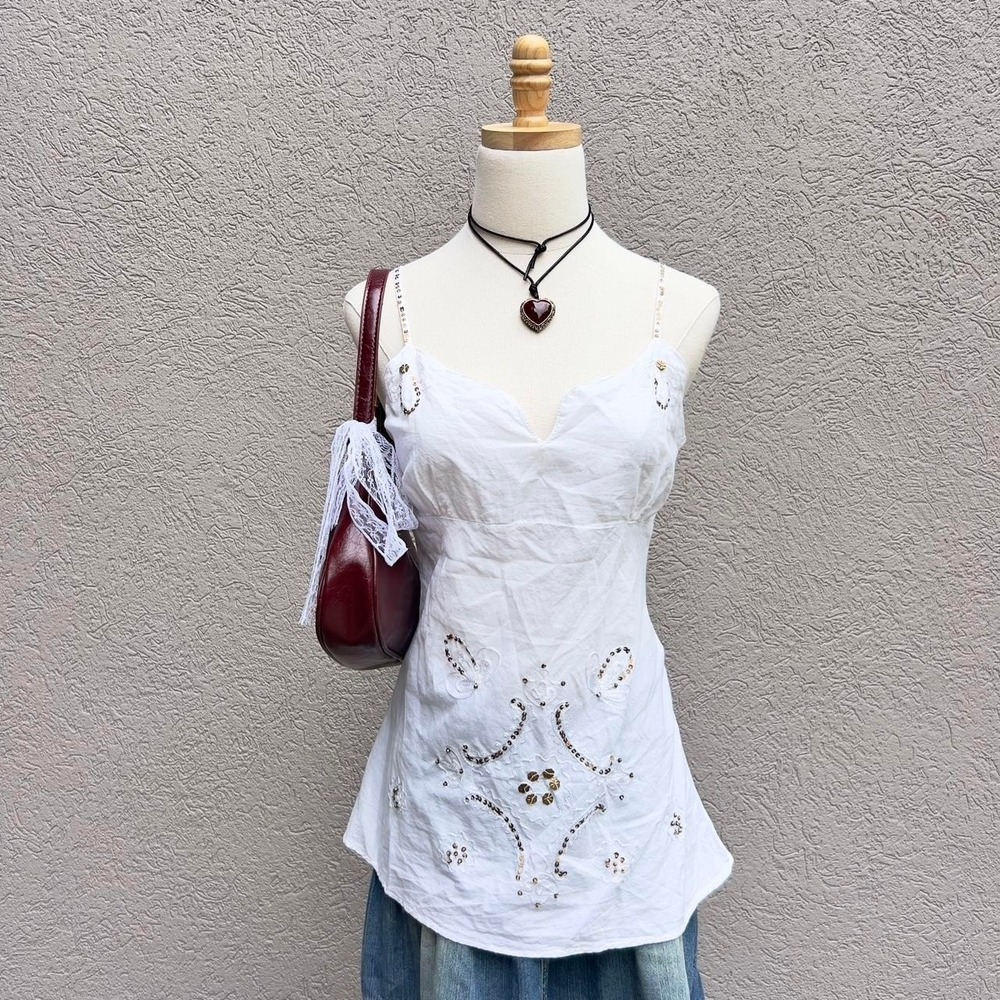 Vintage Y2K White Babydoll Tank Top w/ Sequins Embroidery Boho Preppy Size M